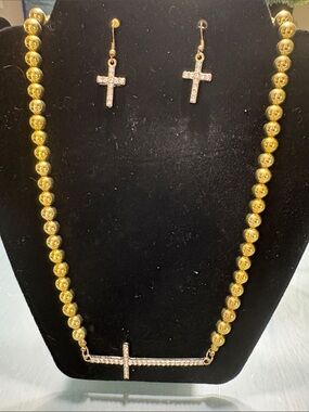 Gold Bead Necklace with Crystal-Accented Horizontal Cross & Drop Earrings